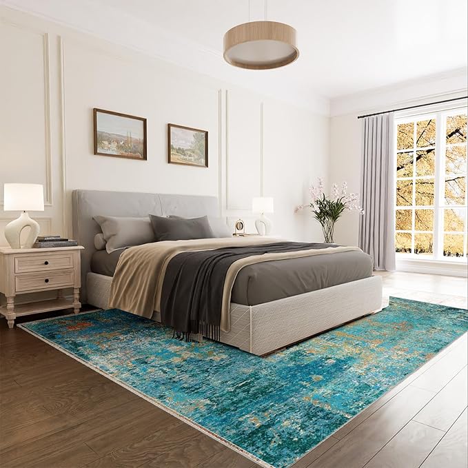 Washable Area Rugs 8'x10' Non-Slip Modern Abstract Soft for Living Room Entryway Bedroom Nursery, Print Pattern, Teal Blue Green Orange Rust Red Colorful