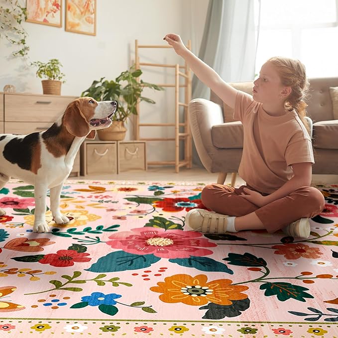 Floral 8ft Area Rug Machine Washable Soft Print Boho Carpet Non Slip Doormat Low Pile Flower Area Rugs for Living Room Bedroom Nursery Kitchen Dining Room Indoor-Pink
