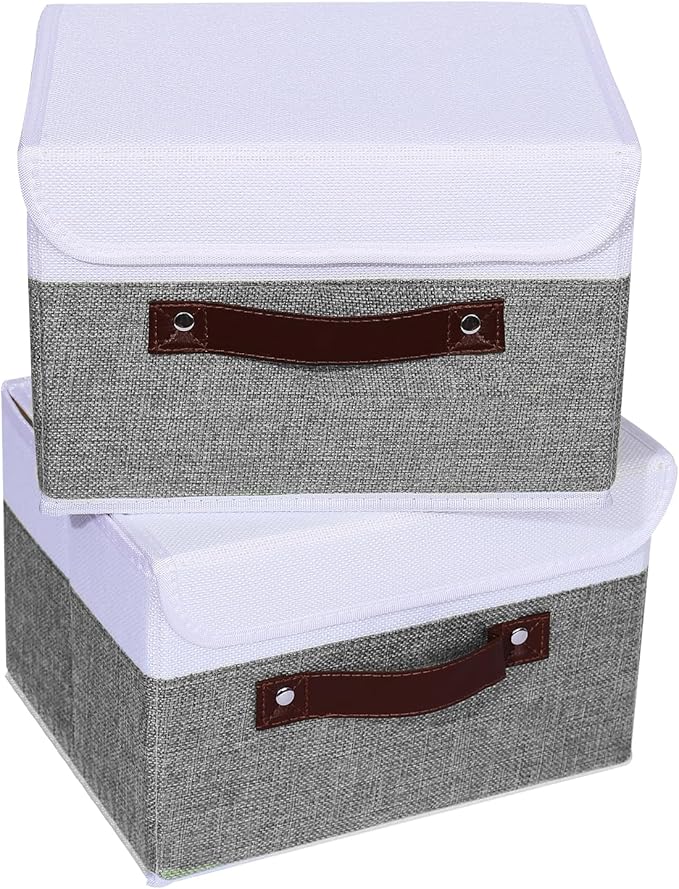 ANMINY 4PCS Storage Boxes with Lid Washable Decorative Storage Bins Basket with PU Leather Handle Foldable Linen Fabric Storage Cubes Containers for Home Closet Organizer - Gray White, Small Size