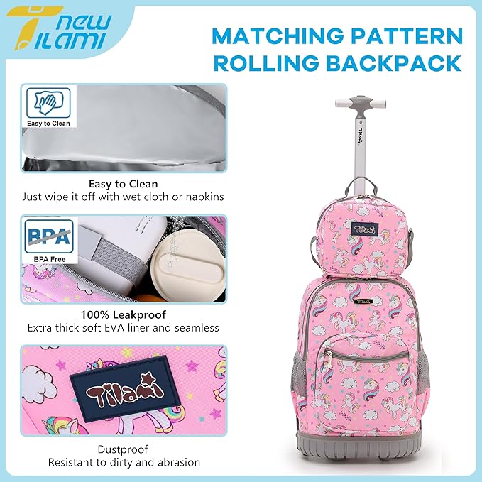 NEW TILAMI 18" Kids Rolling Backpack for School - Waterproof, Durable, Stair-Climbing, Variety of Colors Patterns for Girls & Boys, Cute Pink Unicorn