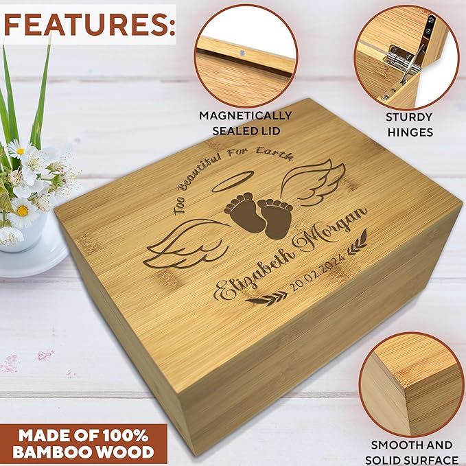 Miscarriage Memory Box Bamboo Wood - Loss of Baby Sympathy Gifts Unique, In Loving Memory Gifts Baby Loss Keepsake Box for Mother, Infant Memorial Gifts for Miscarriages Parents, Friends, 11x8x4.75 in