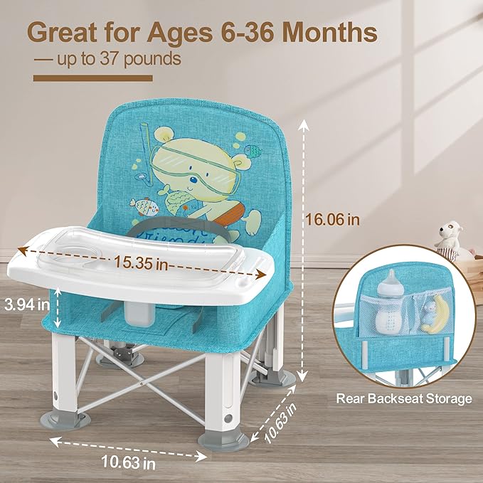 Baby Travel Booster Seat with Double Tray, BabyBond Upgraded Toddler Portable Baby Chair, Booster Seat for Dining Table, Stable and Foldable Booster Baby Chair for Indoor/Outdoor (Blue Sea World)