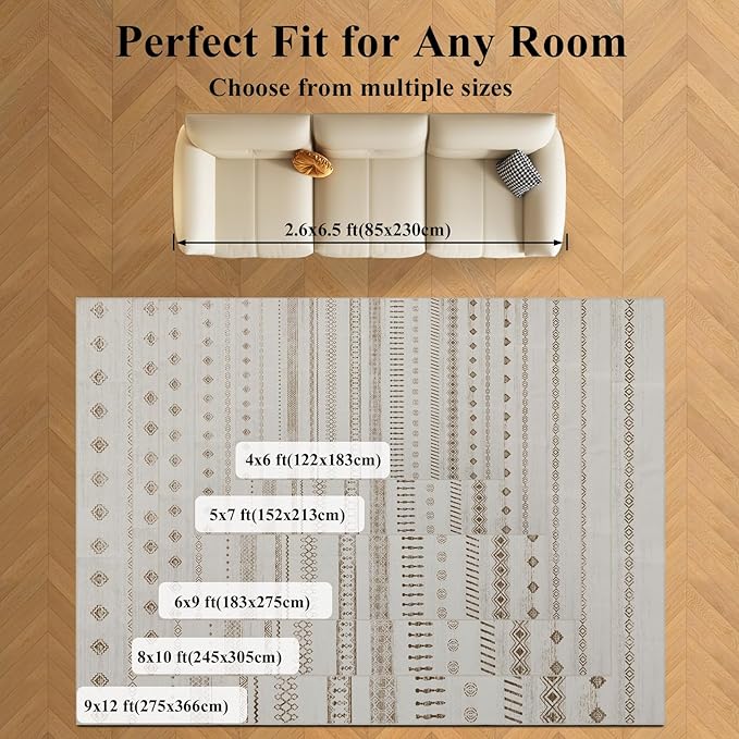 Washable Rugs 5x7 Area Rugs for Living Room, Thin Carpet for Bedroom, Boho Soft Faux Wool Retro Dining Room Rug,Non Slip&Non-Shedding Resistant Low Pile Vintage Print Rug for Home Office (Beige)