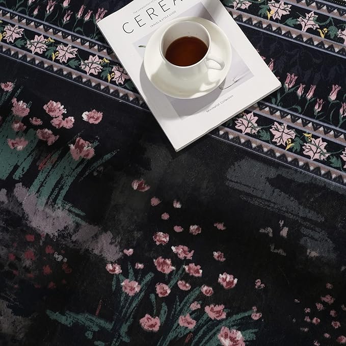 2x6 Runner Rug Impressionist-Style Vintage Kitchen Rugs Non Slip Washable Soft Carpet Runner for Kitchen Laundry Bedroom Bathroom, Black