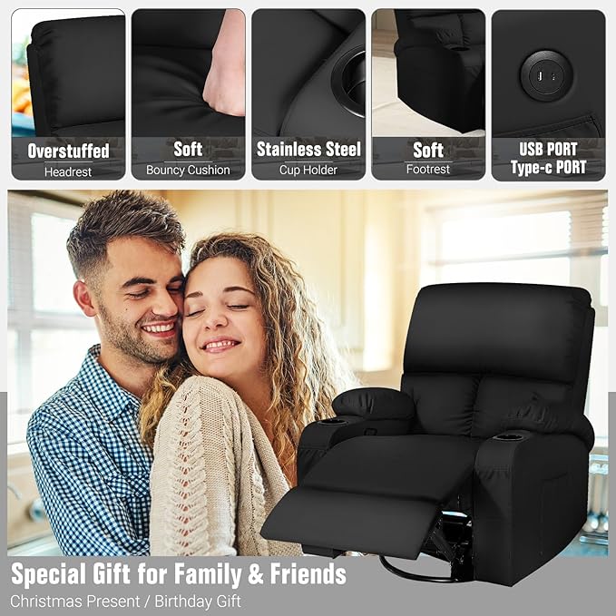 Rocking Recliner Chair, Massage Rocker Recliner Chair with Vibration Massage and Heat, USB and Type-C Ports,360° Swivel Faux Leather Chairs, Living Room, Bedroom, Nursery, RV, Black