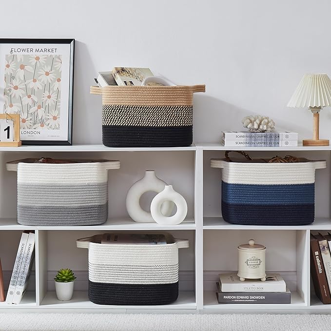 Storage Basket for Organizing, Woven Baskets for Storage, Rectangle Decorative Baskets for Shleves, Closet, Toys, Books, Nursery Organizer Bins - Pack of 3 (Gradient Gray)