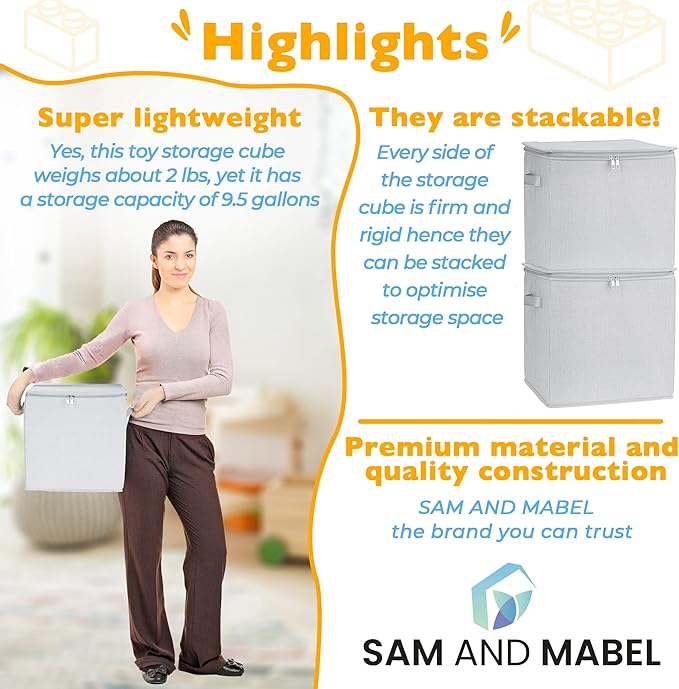 SAM AND MABEL Toy Storage Basket and Play Mat – 13" x 13" x 13" Stackable and Collapsible Cubby Box Organizers for Kids Playroom, Nursery Storage Bins for Boys and Girls (Warm Grayish Beige)