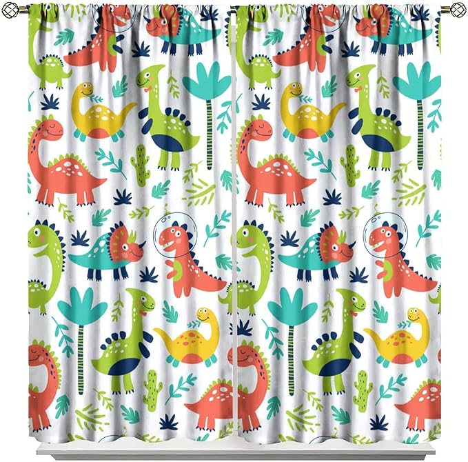 Rustic Dinosaurs Curtains Colorful Dino Kids Boys Cartoon Cute Cool Funny Decor Printed Blackout Rod Pocket Window Drapes for Living Room Bedroom W21xL63in 2 Panels