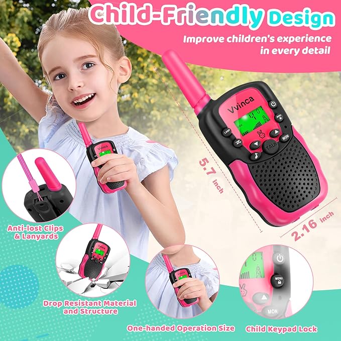 Vvinca Rechargeable Walkie Talkies for Kids, Toys for Ages 5-7 Birthday Gift for 3-12 Year Old Girl Boy with Flashlight 22 Channel 2 Way Radio 3 Mile Long Range Walkie Talkie for Outdoor Game Camping