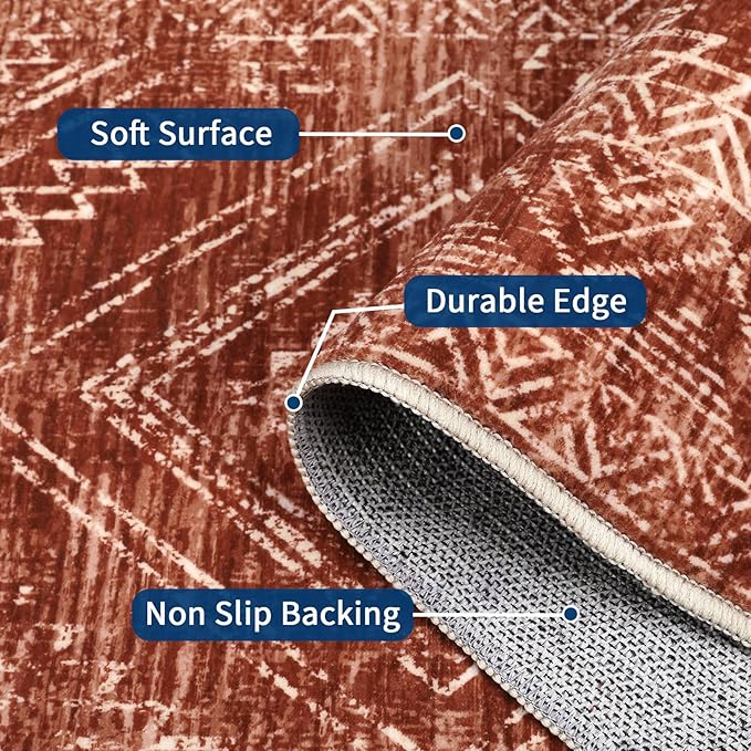 COZYLOOM 8x10 Rug Modern Indoor Area Rug Machine-Washable for Living Room or Bedroom Softness Foldable Mat for Easy Storage Geometric Design Non Slip Rug Low Pile Stain Resistant Carpet, Brick Red