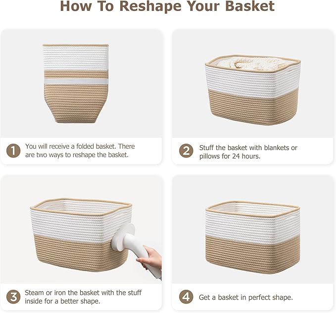 UBBCARE 4 Pack Baskets for Organizing, Woven Storage Baskets for Toys and Towel, Rectangle Cotton Rope Basket with Handles, 15''L x10''W x9''H, Brown