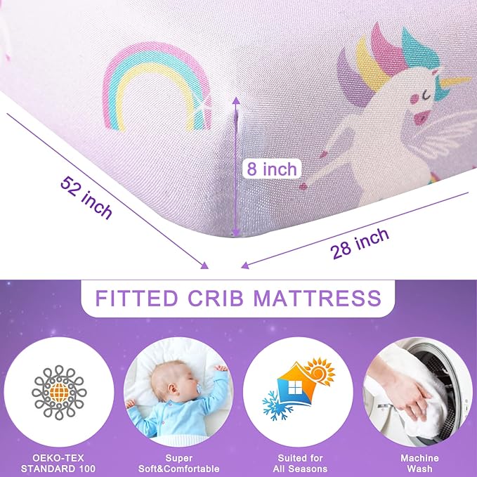 Wowelife Unicorn Crib Bedding Set 3 Pieces Baby Girl Crib Bed Set Crib Comforter Set for Girls Nursery Bedding Set Purple Include Baby Comforter, Skirt and Sheet, Purple