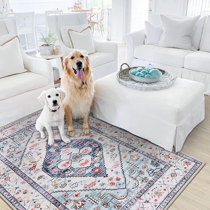 Lahome Boho Round Rug - 8Ft Washable Area Rug, Non-Slip Small Bathroom Rug, Lightweight Bedroom Throw, Oriental Distressed Print Carpet for Entryway, Sofa, Nursery, Kids Room