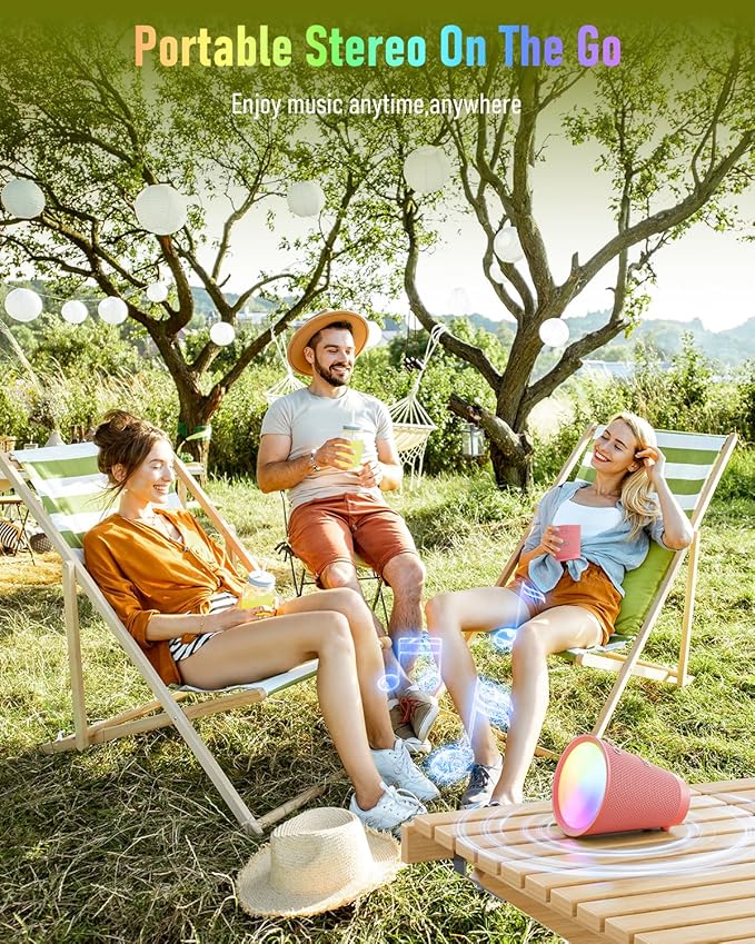 Portable Bluetooth Speaker Wireless with 9 Color Lights, 20H Playtime, Stereo Pairing, Deep Bass, IPX6 Waterproof, Bluetooth 5.3, Small Speaker for Home, Party, Outdoor, Camping, Beach, Gift