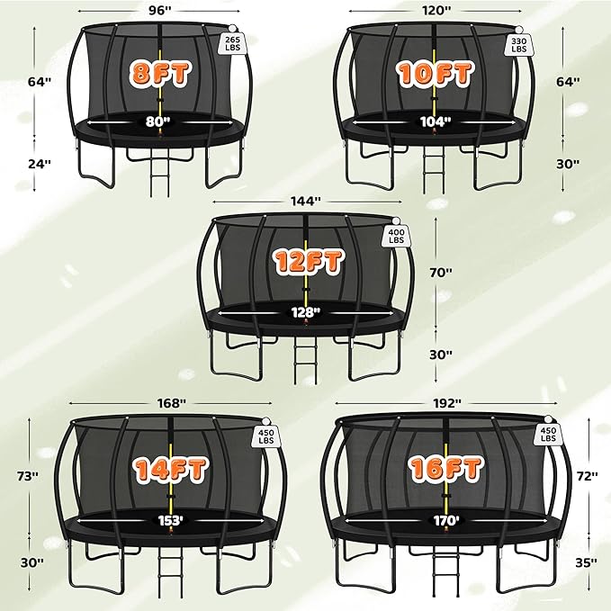 Trampoline 8FT 10FT 12FT 14FT 16FT, Recreational Trampolines with Enclosure Net and Ladder, Outdoor Anti-Rust Trampolines for Kids and Adults, ASTM Approved