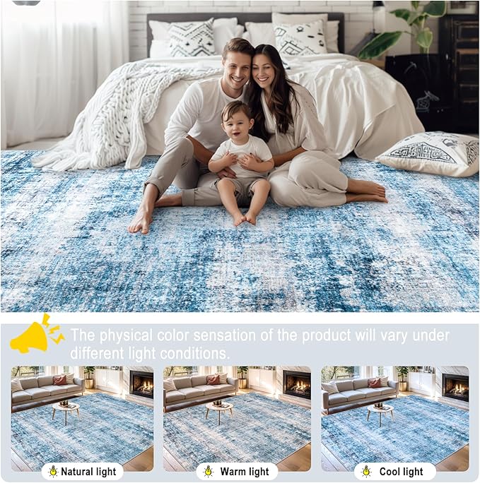 Area Rugs Living Room Rug - 4x6 Washable Modern Abstract Soft Neutral Non-Slip Carpet Large Indoor Floor Thin Carpets for Bedroom Dining Room Farmhouse Nursery Home Office Blue Grey