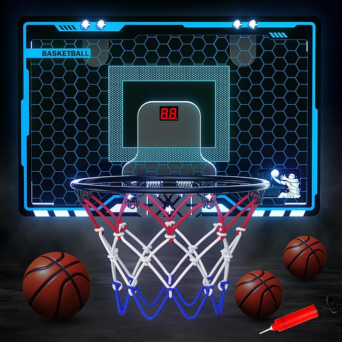 HopeRock Indoor Mini Basketball Hoop for Kids, Basketball Hoops Over The Door with LED Lighting, Mini Hoop with Scoreboard & 3 Balls, Basketball Toys Gifts for 5 6 7 8 9 10 11 12 Year Old Boys Girls