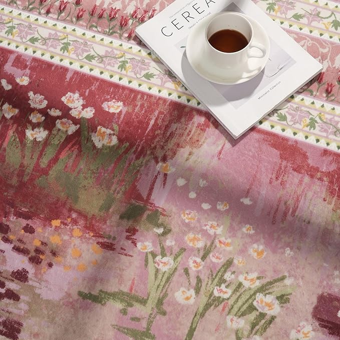 2x6 Runner Rug Impressionist-Style Vintage Kitchen Rugs Non Slip Washable Soft Carpet Runner for Kitchen Laundry Bedroom Bathroom, Pink