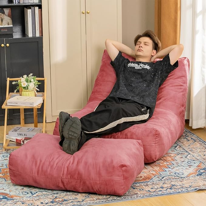 Bean Bag Chair with Ottoman, Comfy Bean Bag Sofa with Memory Foam, Lazy BeanBag Sofa with Footstool, Fireside Bean Bag Couch for Living Room, Bedroom, Apartment