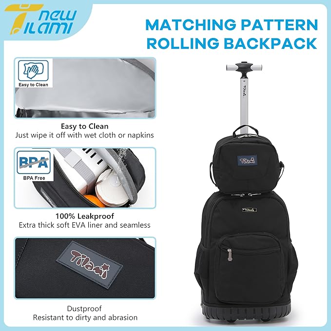 NEW TILAMI 18 inch Rolling Backpack for Kids - Waterproof, Stair-Climbing, Durable, Personalized Design for School, Travel, Black