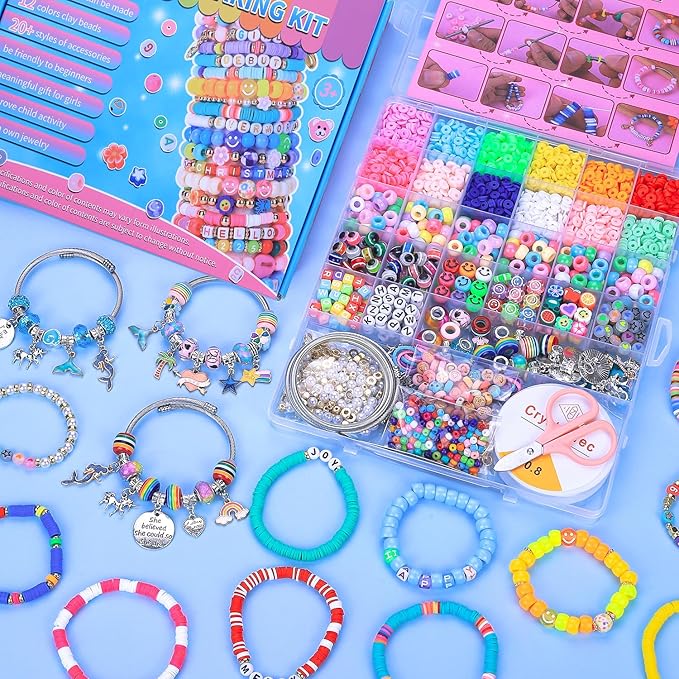 AIPRIDY 3600 Pcs Girls Toys Bracelet Making Kit, Unicorn/Mermaid Jewelry Activity, Flat College Style Beading for Friendship Jewelry Making, DIY Crafts for 4-12 Girls Birthday Christmas Gifts(Aqua)