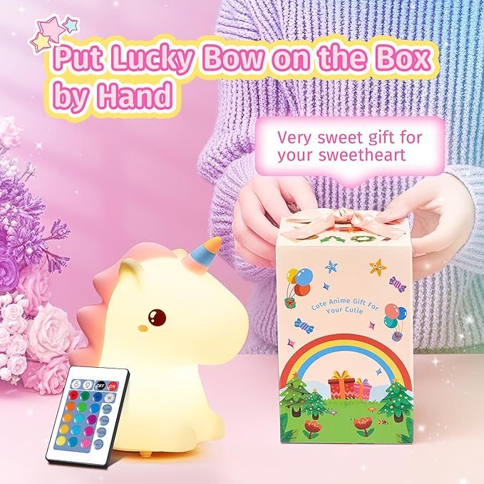 ONEFIRE Unicorn Night Light for Kids,【Cute Gifts&Remote】 16 Colors Cute Night Light,5 Lightness & Last 10H Nightlight for Kids Room,Soft Lamp