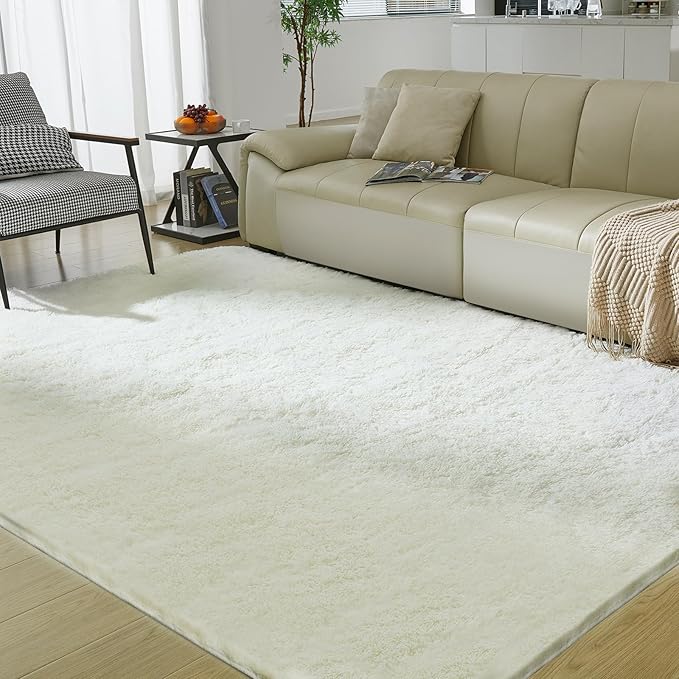 Ultra Soft Rug for Living Room, 8X10 Fluffy Shag Area Rug for Bedroom, Modern Shaggy Carpets Fuzzy Rug for Teens Dorm Nursery Home Decor Aesthetic, Upgrade Anti-Skid Durable, Cream White