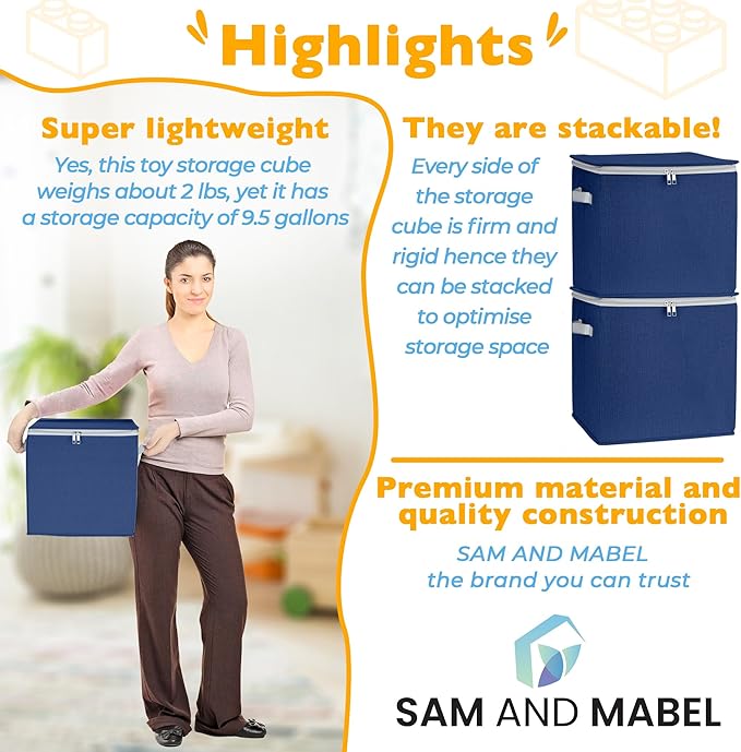 SAM AND MABEL Toy Storage Organizer with Play Mat for Kids – 13" x 13" x 13" Storage Box, Stackable and Foldable Cubby Baskets for Playroom, Nursery Bins for Boys and Girls (Noble Blue)