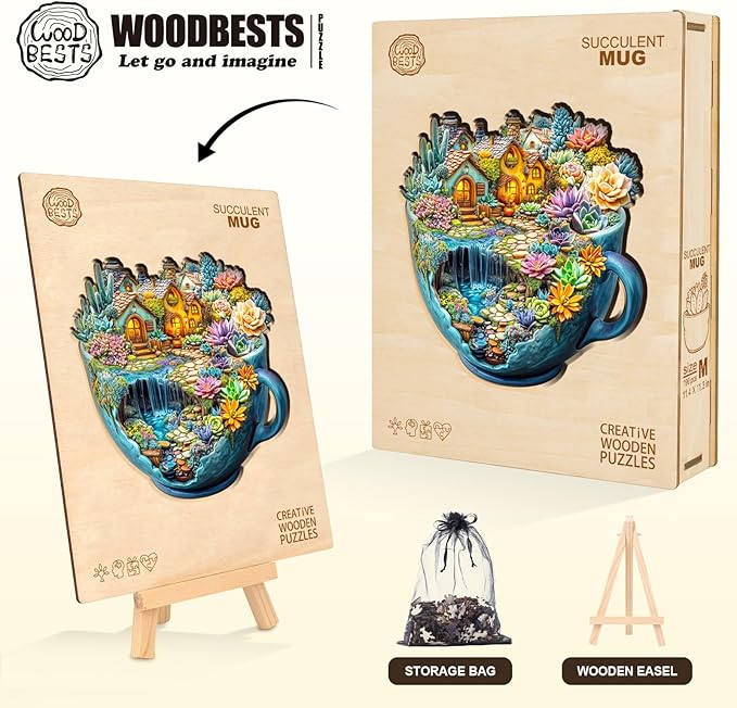 WOODBESTS Wooden Puzzles for Adults, Succulent Mug Wood Puzzles Adult(250 Pieces, L, 13.4 * 13.3in), Unique Shape Wooden Animal Jigsaw Puzzles, Birthday Gifts for Adults Family Game