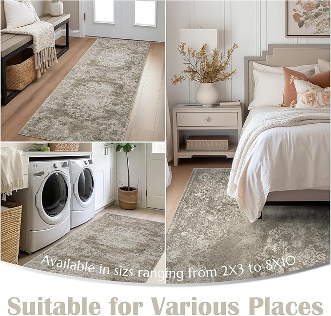 jinchan Floral 2x3 Rug for Entryway - Vintage Washable Area Rug Ultra-Thin Low Pile Soft Small Non-Slip Distressed Indoor Doormat Accent for Entrance Kitchen Bedroom Bathroom (2x3ft,Brown)