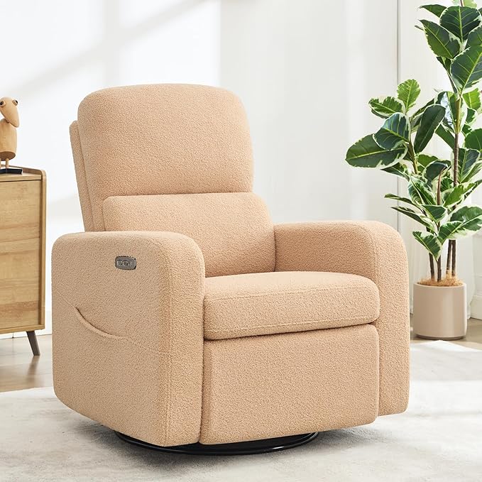 Swivel Rocker Recliner, Oversized Power Nursery Recliner Chair, Swivel Glider Reclienr with Removable Cushion, Upholstered Boucle Recling Chair for Nursery Living Room Bedroom, Teddy Camel