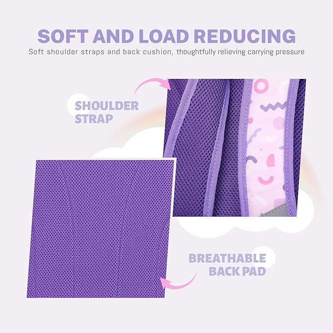 mygreen 3PCS Kids Backpack Set - Waterproof Bookbag with Lunch Box for Girls Ages 3-12, Adorable Cartoon Prints for School & Outdoor Use Purple