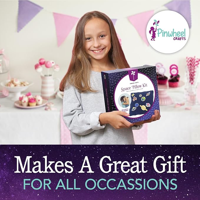 Pinwheel Crafts Beginner Sewing Kit for Kids 8-12 with Telescope - Astronomy Solar System Easy Sew Space Pillow Kit with Planet Patches - Make Your Own Plush Craft