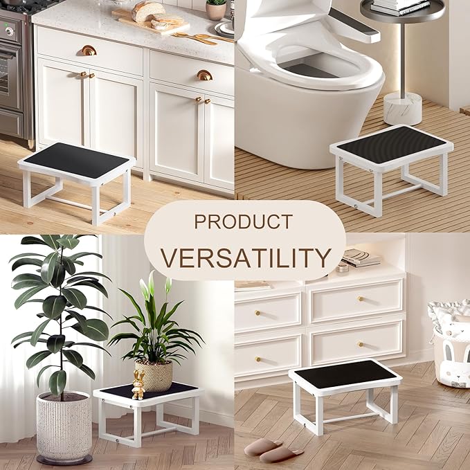 Wooden Step Stool with 500 Pounds, Wide Bed Step Stool for Adults,Wood White Step Stool&Stable Solid Metal Frame for Kitchen, Bedroom, Living Room, Bathroom