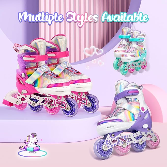 SULIFEEL Rainbow Unicorn Inline Skates for Girls Boys 4 Size Adjustable Light up Wheels Skates for Kids Beginner