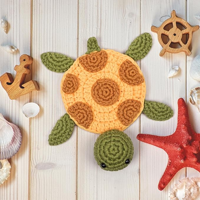 WaldyWop Crochet Kit for Beginners – Easy to Follow Tutorials, Ergonomic Hook & Tangle-Free Yarn, Complete DIY Craft Set for Girls 8-12 & Women, Stress Relief & Home Decor (Turtle Coaster)