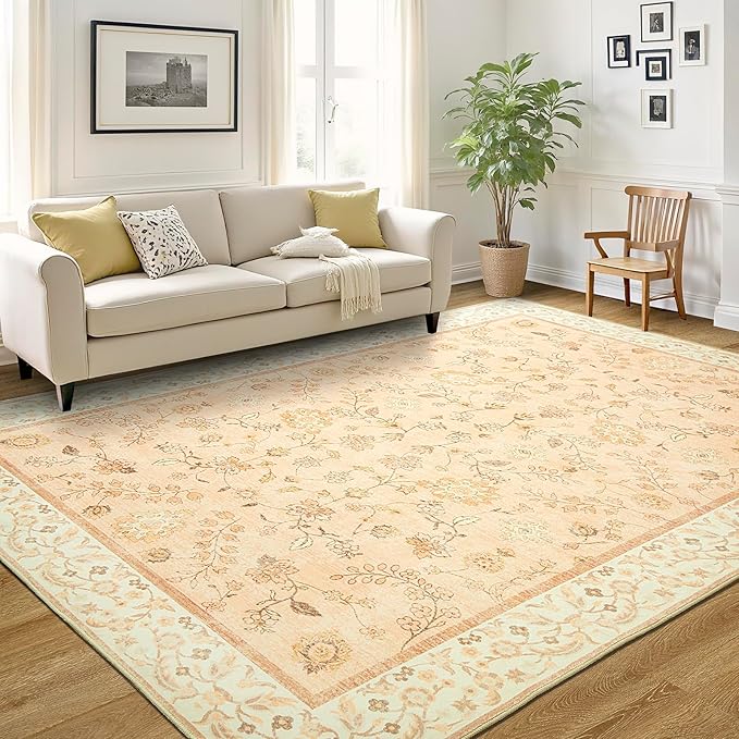 LOCHAS Washable Area Rugs 6x9, Peach Floral Rug for Living Room Bedroom Non Slip, Ultra Soft Vintage Indoor Carpet for Kids, Nursery, Dorm, Dining Room, Classroom, Boho Flower Home Decor, Low-Pile