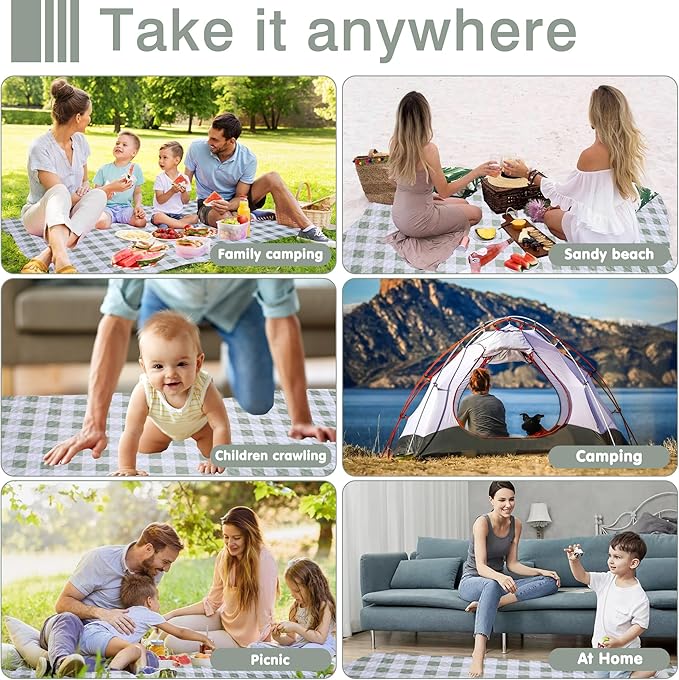 Extra Large Picnic Blanket 80''x 80'' Waterproof Foldable Picnic Mat for Beach, 5-Layer Outdoor Blanket for 6 to 8 Adults,Camping Grass Lawn Park Accessories Couple Park Wedding Registry(Green)