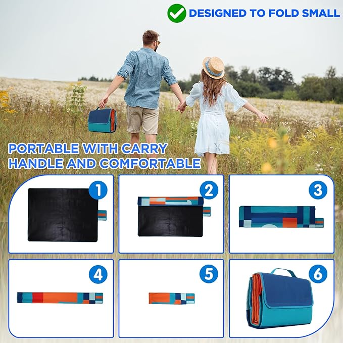 scuddles Compact Picnic Blanket – Extra Large 79" x 59" Outdoor Mat with 3-Layer Waterproof Design, Soft Fleece, Carry Strap & Reinforced Edges for Camping, Beach, Parks & Hiking