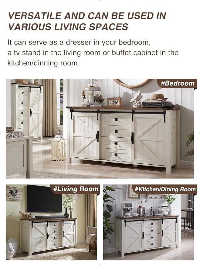 T4TREAM 60'' Farmhouse Dresser Chests for Bedroom w/4 Drawers & Sliding Barn Doors, Tall Chest of Drawers, Rustic Dresser TV Stand, Organizer for Bedroom, Living Room, Kitchen, Antique White