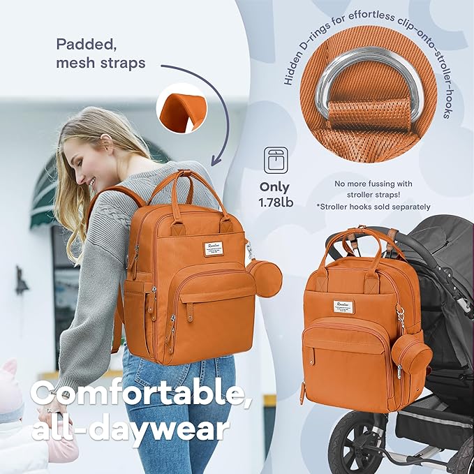 RUVALINO Diaper Bag Backpack-Multifunction Baby Travel Bag with Changing Pad, Insulated Bottle Holders & Pacifier Case, Large Capacity, Waterproof, Maple Orange