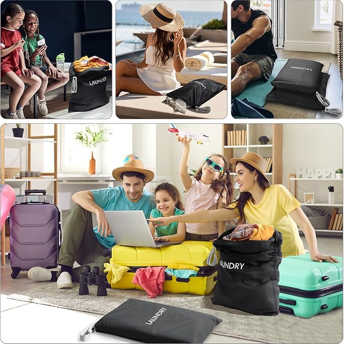 Travel Laundry Bag (2 Pcs - Large + Small) - Foldable Waterproof Washable Wet Dry Bag for Gym, Swimming, Yoga, and Workout Perfect for Dirty Clothes, Bathing Suits, Travel Accessories Black