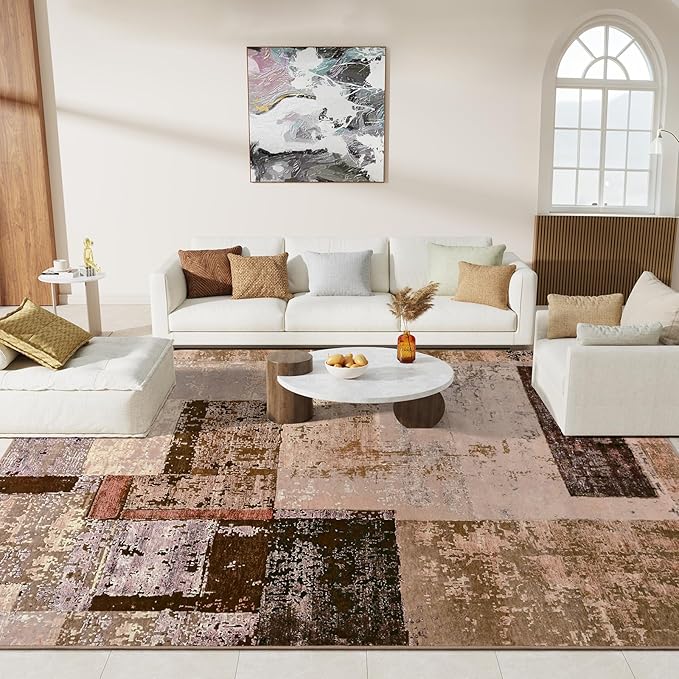 LOCHAS Rug for Living Room, Washable Soft Area Rugs for Bedroom 8x10, Abstract Carpet for Indoor Office Kids Dining Room Nursery Floor, Brown Geometric Vintage Home Decor, Non Slip, Pet Child Friendly