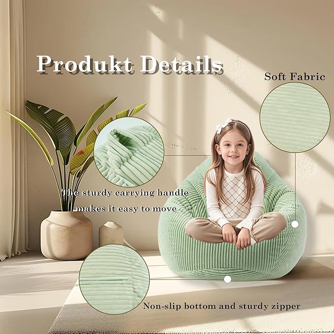 LPMOERA Bean Bag Chairs for Kids/Teen with Memory Foam Filling Bean Bag Sofa with Soft Corduroy Fabric BeanBag Chair for Living Room Bedroom College Dorm Reading Chair Greyish-Green