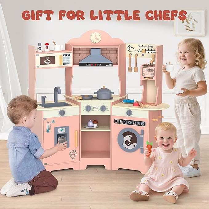 ANPABO Play Kitchen for Kids, Wooden Kitchen Playset w/Real Lights & Sounds, Coffee & Ice Maker, Microwave, Stove, 30Pcs Accessories Include Play Food, Pretend Play Set for Boys & Girls, Pink