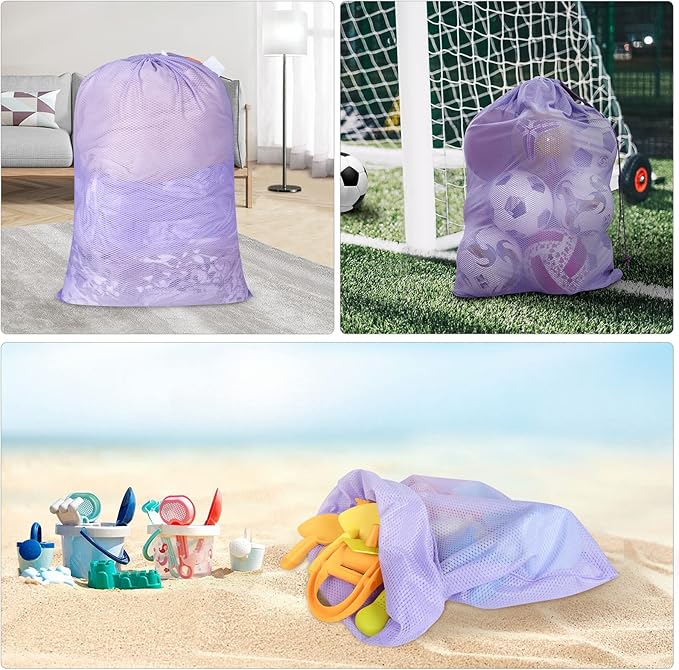 Polecasa Heavy Duty Diamond Large Mesh Laundry Bag with ID Tag and Locking Drawstring Closure - 24 x 36 inches - Laundry Hamper Liner, Washable Laundry Bags for Travel, Sports, Dorms (Purple)