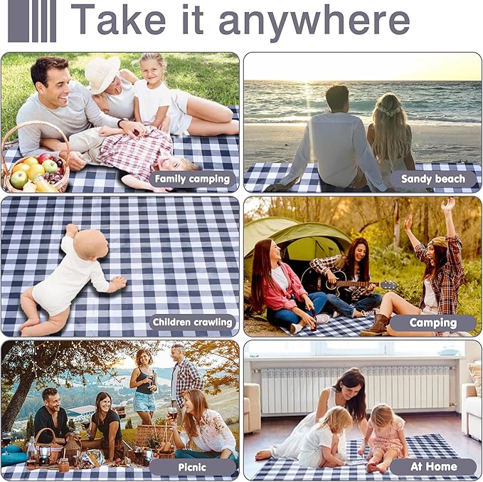80"x60" Waterproof Sandproof Picnic Mat - Portable Foldable Outdoor Blanket for Beach, Park, Travel & Indoor Use - Lightweight Compact Design, Easy-Carry (Gray&White)