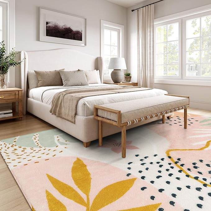 Lahome Washable Pink Area Rugs 9x12 Living Room Carpet Non-Slip Backing Ultra-Thin Extra Large Rug Lightweight Throw Non Shedding Dining Room Rug,Boho Botanical Print Rug for Bedroom Guest Room Home