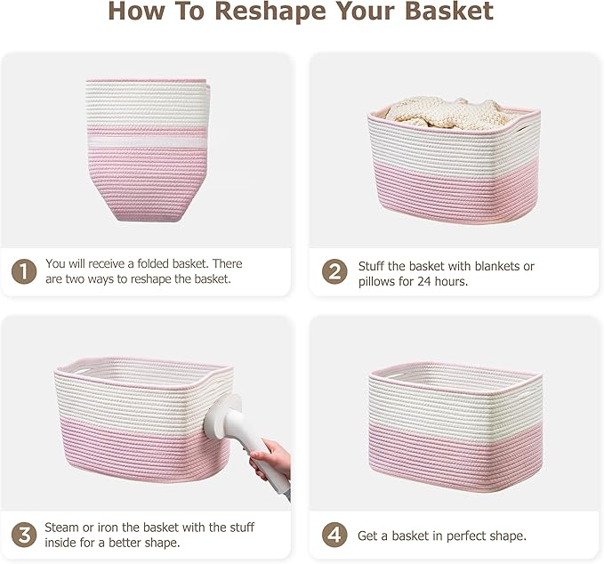 UBBCARE 4 Pack Baskets for Organizing, Woven Storage Baskets for Toys and Towel, Rectangle Cotton Rope Basket with Handles, 15''L x10''W x9''H, Pink