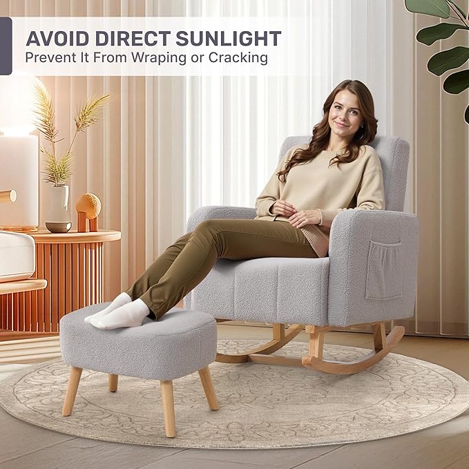 Rocking Chair with Ottoman, Upholstered Nursing Glider Rocker with High Backrest and Side Pocket, Comfy Reading Chair with Solid Wood Legs for Nursery/Living Room/Bedroom Light Grey